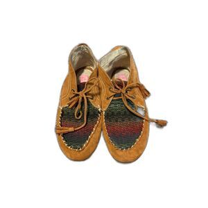 Sugar Wilma Moccasin Booties Tan Suede Aztec Southwestern Lace Up Size 7 7.5